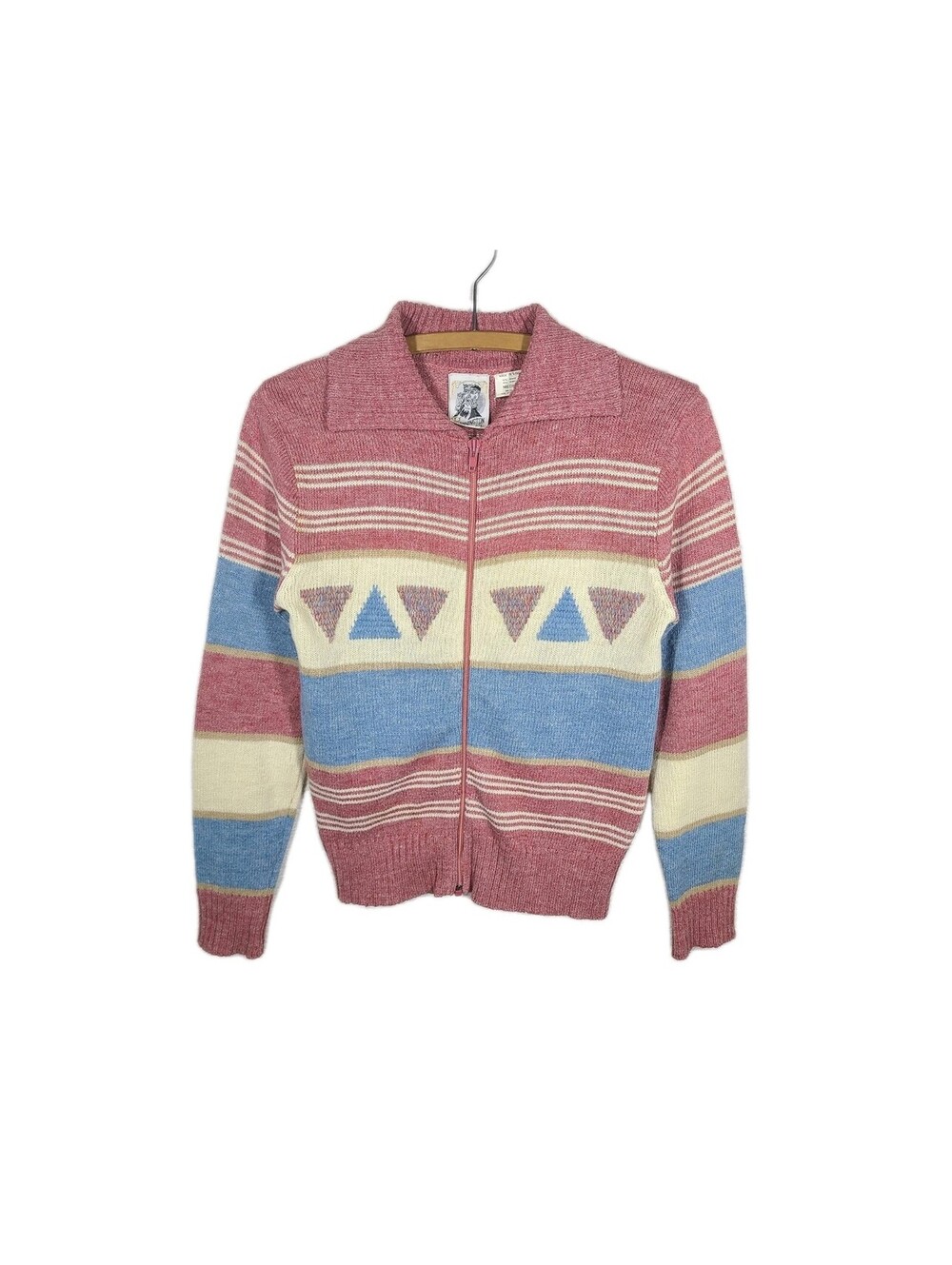 Vtg 70s Zip Cardigan Sweater Womens Medium Triangle Pattern Kennington USA